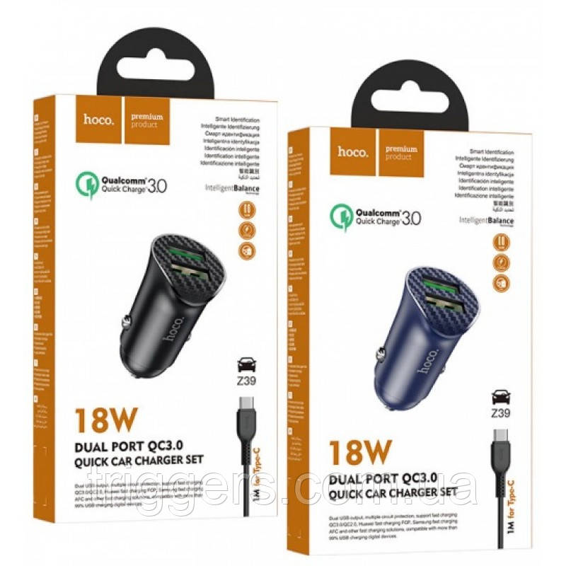 АЗУ HOCO Z39 Farsighted 2USB/QC3.0/18W/TypeC-cable-Set Black¶