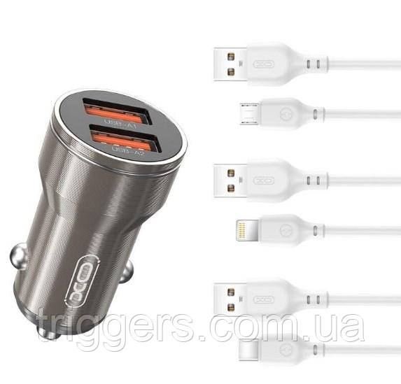АЗП XO CC48 2.4A/2 USB + microUSB Grey