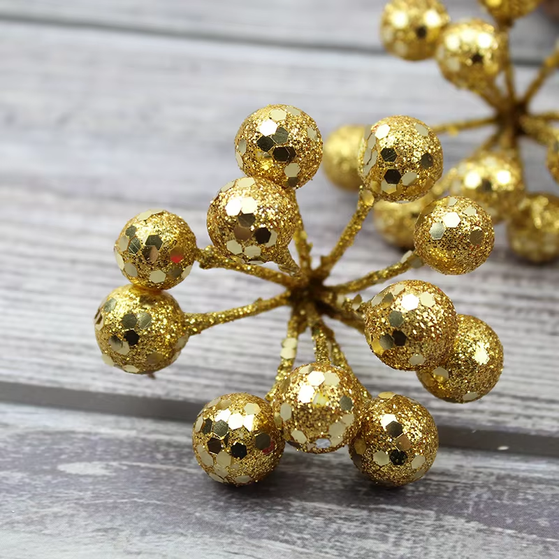Ягоди Калини Новорічний Декор цена за одну веточку 8 ягодок глиттер 10 мм цвет золото