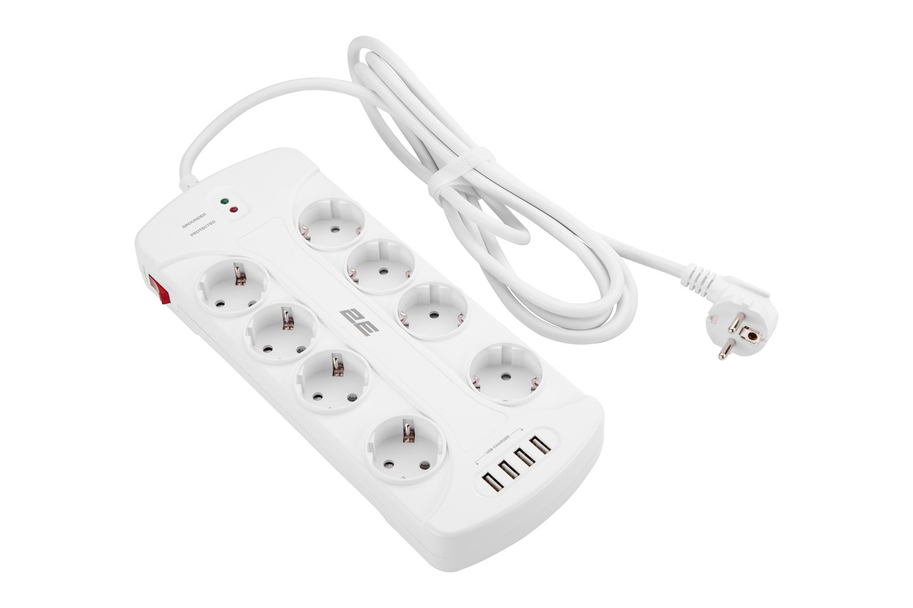 Мережевий фільтр подовжувач з USB 2E 8XSchuko 4*USB-A на 8 розеток 3 м білий, фото 1