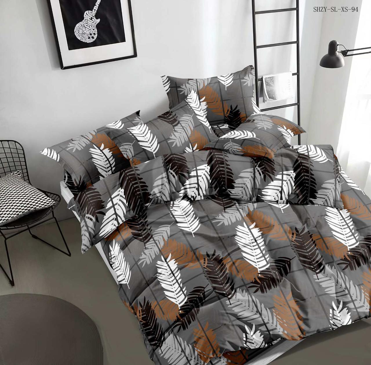 Темна сіра тканина 220 см для постільної білизни Бязь Gold принт велике пальмове листя, у рулоні 50 м Пакистан