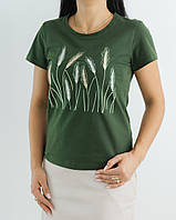 Футболка з вишивкою жіноча Хлібне поле кольору хакі, футболка вишивка,футболка вишиванка,футболка з вишиванкою,футболка вишита