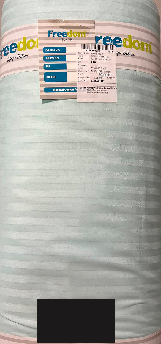 М'ятний Страйп-сатин смужка однотонна 100% бавовна, тканина 220 см для пошиття постільної білизни, рулон 30 м