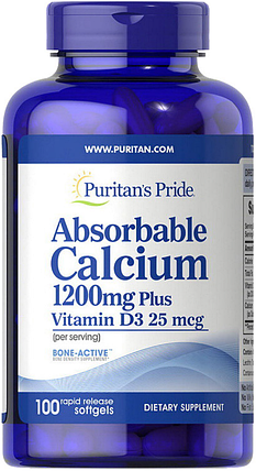 Кальцій Д3 Puritan's Pride Absorbable Calcium 1200 Plus Vitamin D3 100 гел капс, фото 1