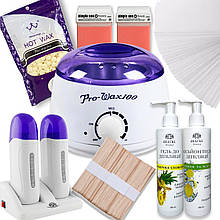 Стартовий набір для депіляції касетним та плівковим воском "Maxi 2" (Воскоплав, віск, тальк, олійка, засіб до і після) AN