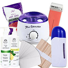 Стартовий набір для депіляції касетним та плівковим воском "Two in one" (Воскоплав, віск, тальк, олійка, засіб до і після) AN