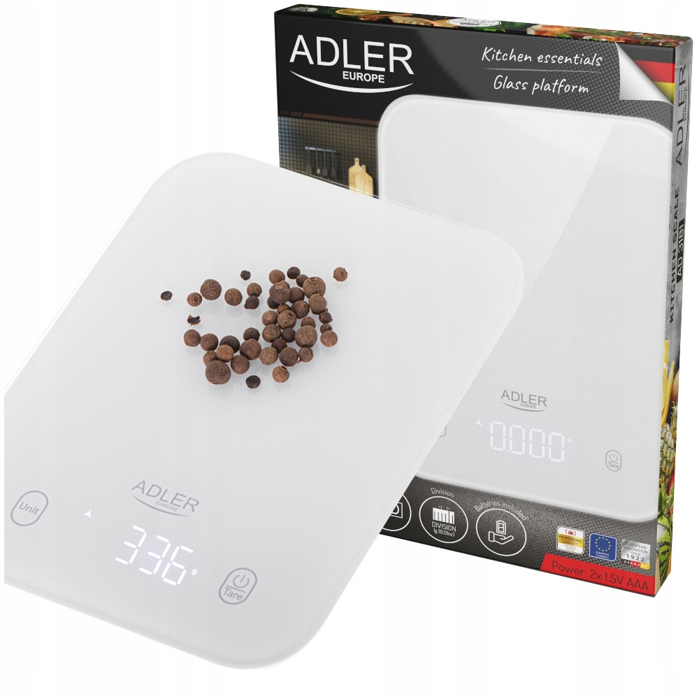 Кухонні ваги Adler AD 3181 white — 10 кг, LED-дисплей, скляна платформа 20 × 15 см
