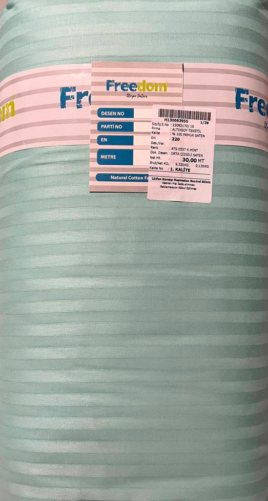 М'ятний Страйп-сатин смужка однотонна 100% бавовна, тканина 220 см для пошиття постільної білизни, рулон 30 м