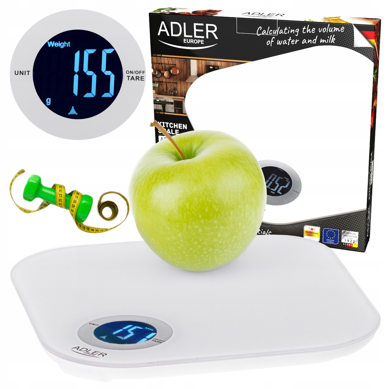Кухонні ваги Adler AD 3180 — 10 кг, 1 г, підсвічуваний LCD-дисплей, функція тарування, підрахунок об'єму рідини