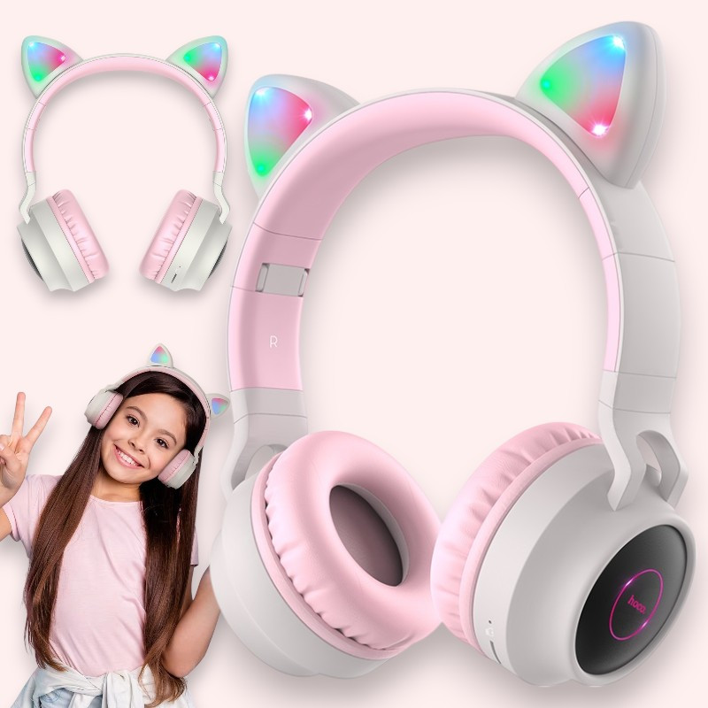 Бездротові Bluetooth-навушники BIG HOCO W27 cat з вушками та LED-підсвіткою, дитячі навушники, сірі