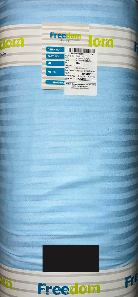 Блакитний Страйп-сатин смужка однотонна 100% бавовна, тканина 220 см для пошиття постільної білизни, рулон 30 м