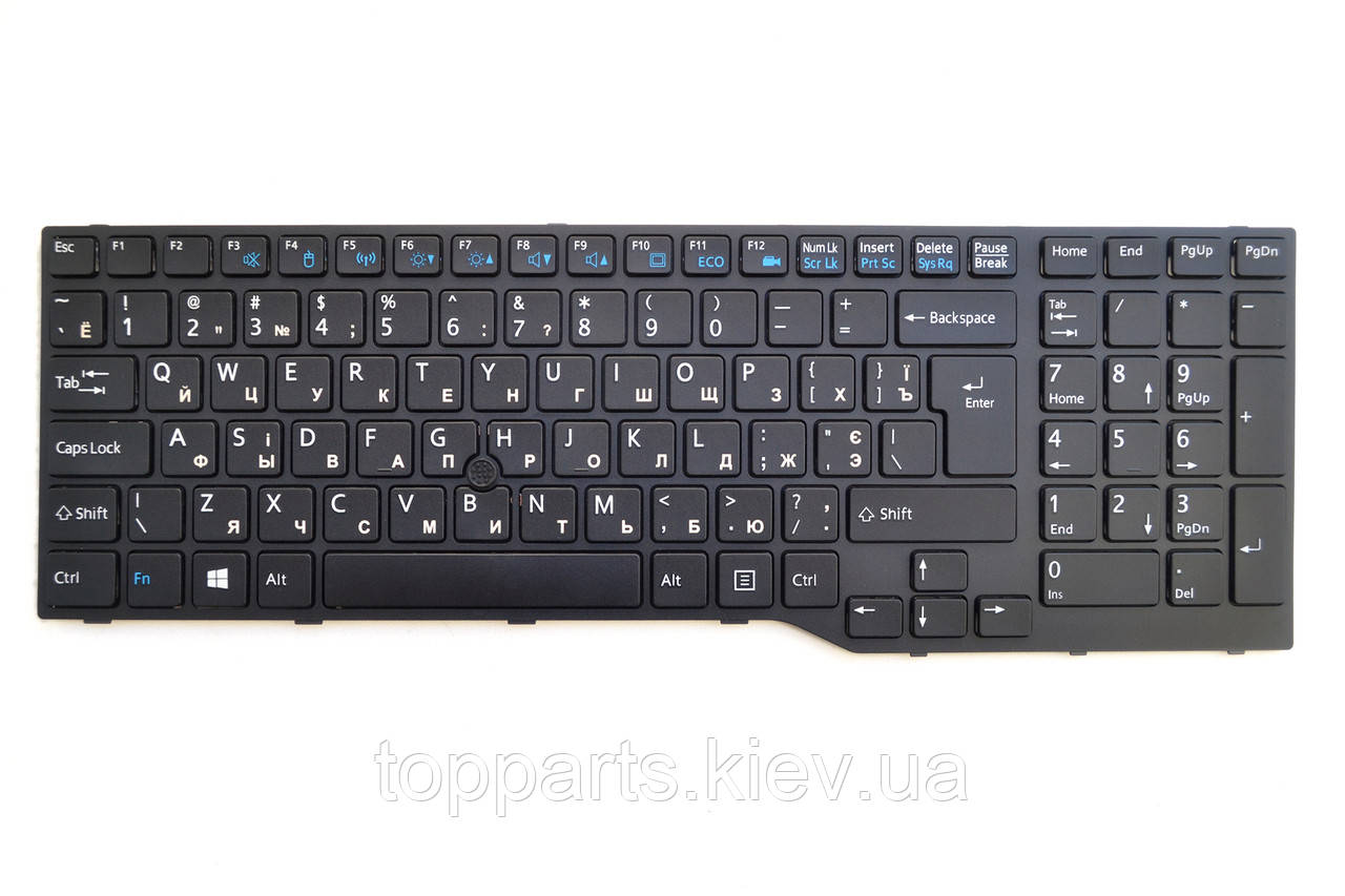 Клавіатура для ноутбуків Fujitsu LifeBook E753, E754, E756, E554, E556, E557 чорна з чорною рамкою, трекпоїнт UA/RU/US