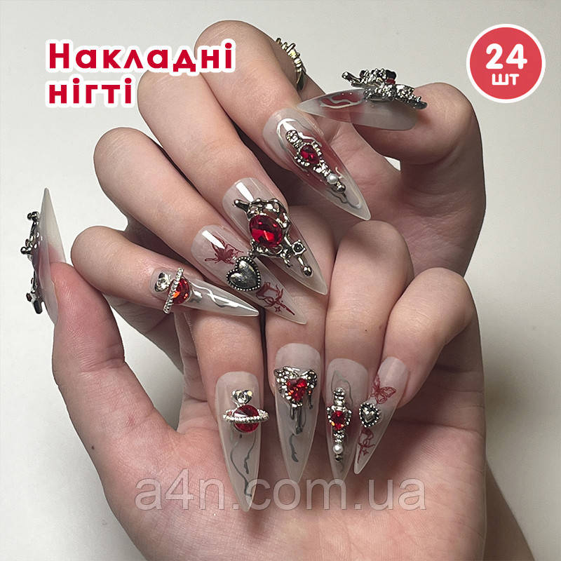Накладні нігті 24 шт.+ клей для нігтів, готика, форма типс - стилет для манікюру