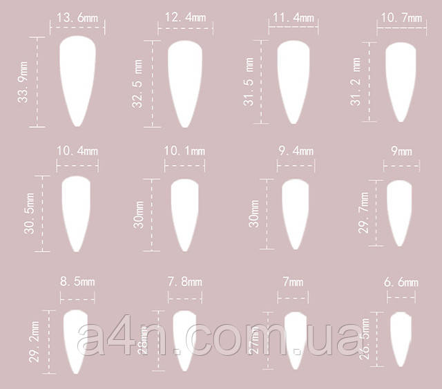 Накладные ногти - Интернет-магазин A4N Размеры накладных ногтей