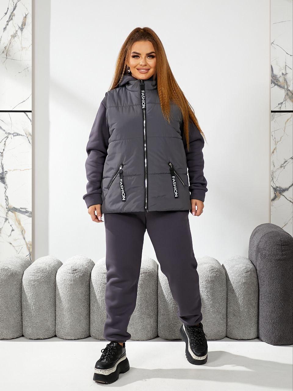 Теплий жіночий спортивний костюм-трійка з тринитки на флісі (Батал), фото 1