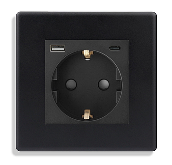 Розетка з USB + Type-C 1DAL | Чорний з З/К + Шторки (P86-STUTC.BL)