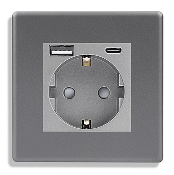 Розетка з USB + Type-C 1DAL | Чорний з З/К + Шторки (P86-STUTC.GR)