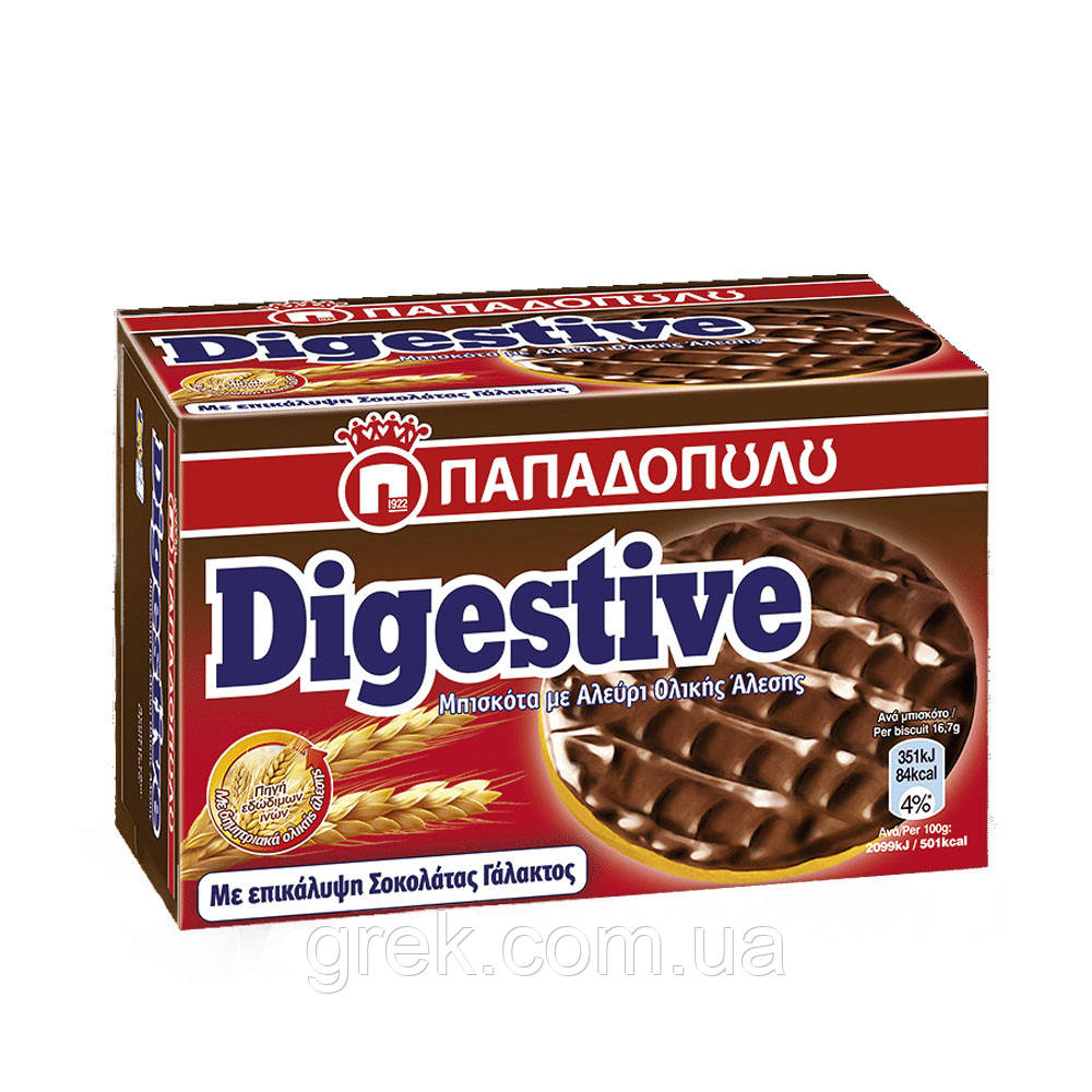 Печиво Digestive із цілозерновим борошном у глазурі з молочного шоколаду PAPADOPULOS 200 г, фото 1