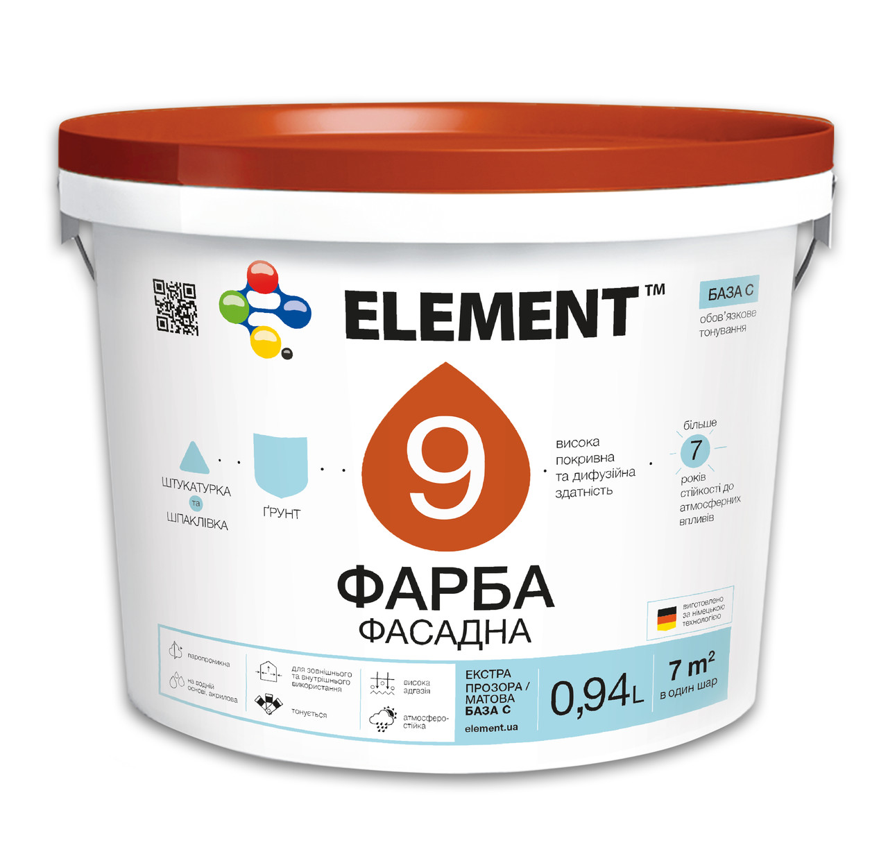 Фарба фасадна ELEMENT 9 вододисперсійна база C прозора 0,94 л