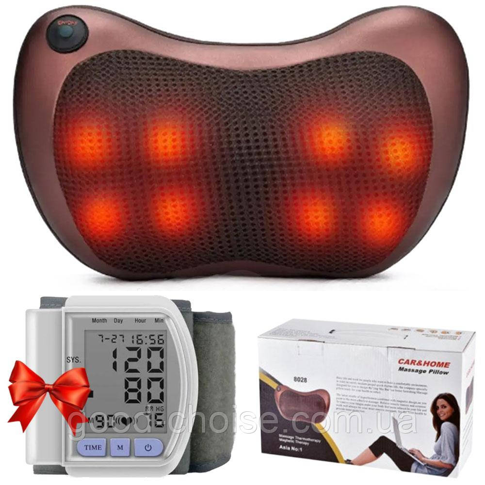 Масажна подушка Massage pillow 8028 + Подарунок Тонометр CK-102S / Роликовий масажер-подушка для шиї в авто