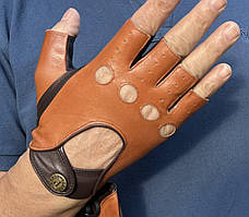 Рукавички шкіряні спортивні автомобільні без пальців рудий колір з коричневим Pitas