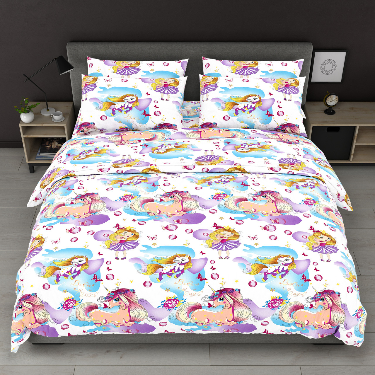 Підковдра на блискавці 145х215 (Бязь) | Полуторна підковдра від виробника "Королева Ночі" | Різнокольорові єдинороги на білому, фото 1