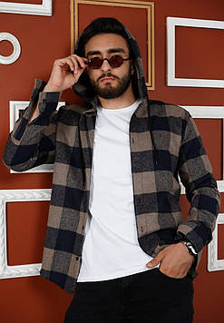 Чоловіча утеплена байкова сорочка в клітинку з капюшоном бежева Туреччина 1135