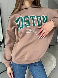 Бежева жіноча тепла кофта худі оверсайз з капюшоном із тринитки на флісі з термонаклейкою BOSTON