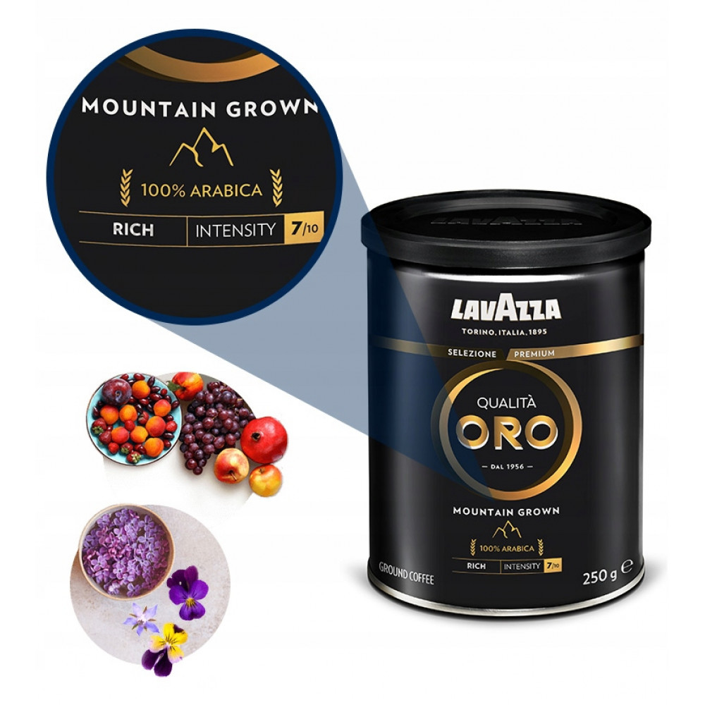 Оригінал! Кава мелена Lavazza Qualita Oro Mountain Grown 250г Ж/Б (Lavazza Oro чорна високогірна 100% арабіка у жерстяній банці)