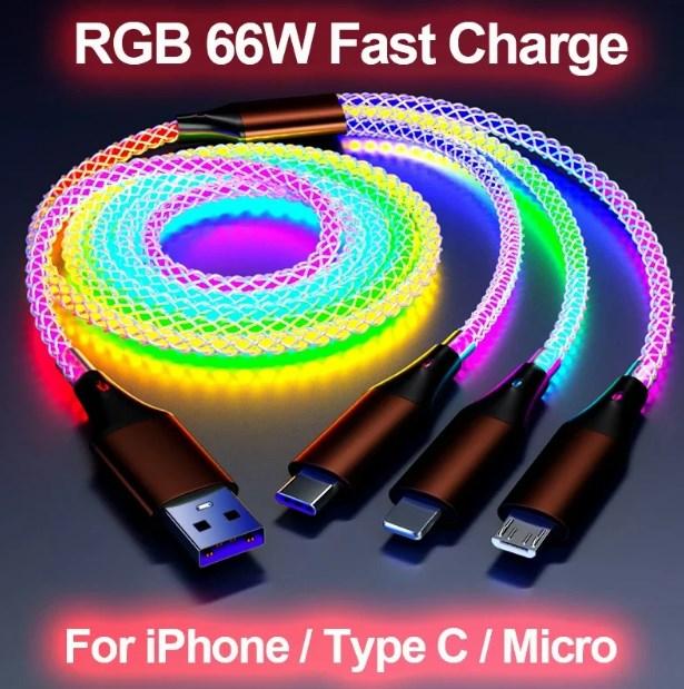Універсальний Кабель зарядки 3 в 1 (microUSB - Lightning iPhone -Type C) to USB type A, довжина 1.2 м 66W 6A