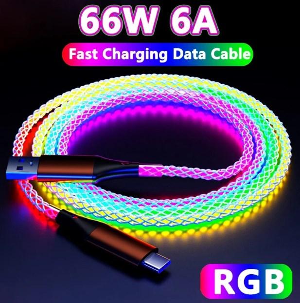 Кабель USB Type-C to USB Type A RGB 66W 6A швидка зарядка QC кабель 1 метр
