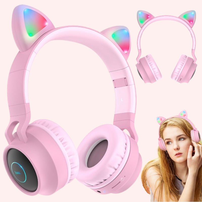 Бездротові Bluetooth-навушники BIG HOCO W27 cat з вушками та LED-підсвіткою, дитячі навушники, рожеві