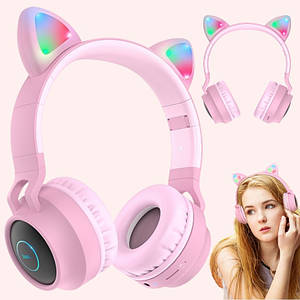 Бездротові Bluetooth-навушники BIG HOCO W27 cat з вушками та LED-підсвіткою, дитячі навушники, рожеві