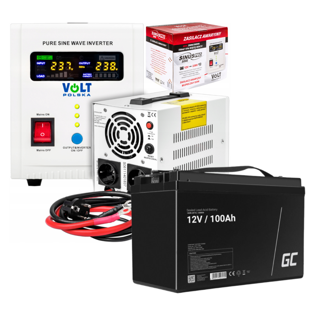 Аварійний комплект живлення Volt Polska SINUS PRO 500 E 12/230V 350/500W + Акумулятор Green Cell AGM VRLA 100Ah 12V