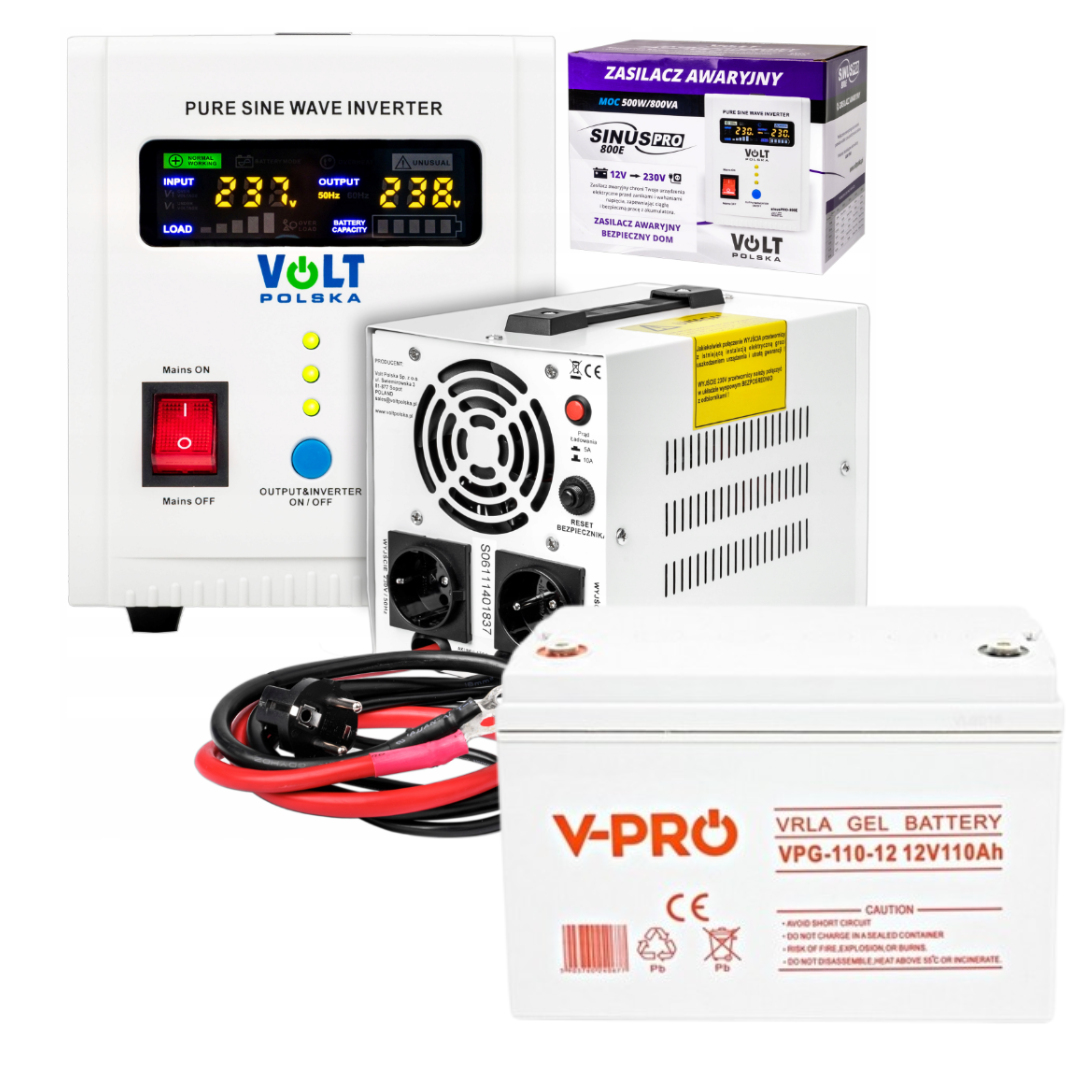 Аварійний комплект живлення Volt Polska SINUS PRO 800 E 12/230V 500/800W + Акумулятор VOLT GEL 110Ah 12V