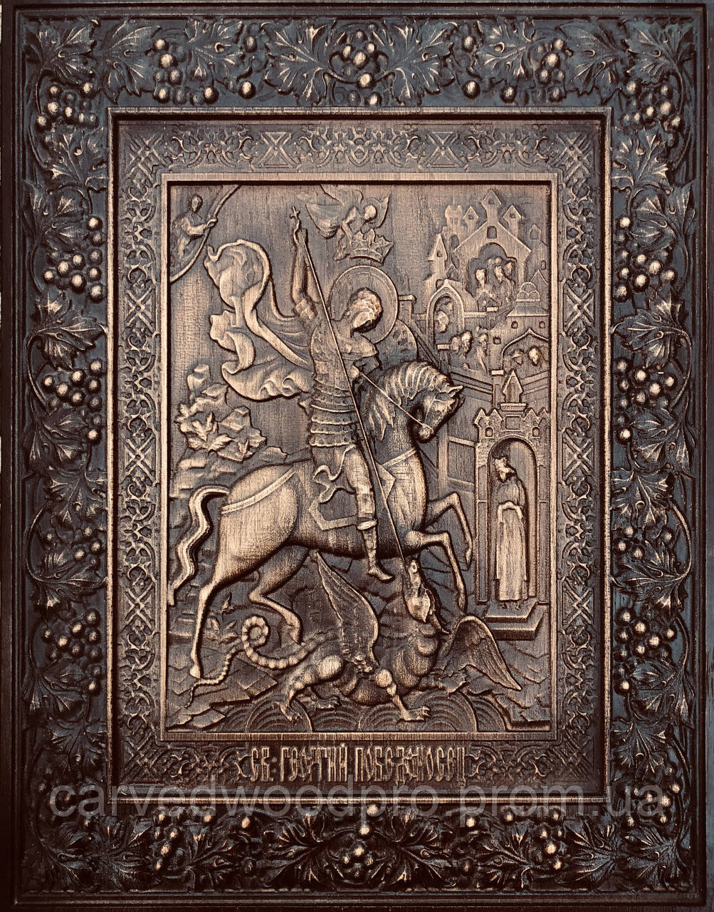 Икона резная из натурального дерева ясеня ЧПУ "Святой Георгий Победоносец" - фото 1 - id-p2354643788