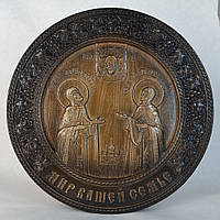 Икона резная из натурального дерева ясеня ЧПУ "Икона Святых Петра и Февронии"