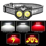 Ліхтар налобний WT208-2COB (white+red), Li-Ion акумулятор, магніт, гак, ЗП Type-C, Box, фото 2