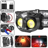 Ліхтар налобний WT208-2COB (white+red), Li-Ion акумулятор, магніт, гак, ЗП Type-C, Box, фото 6