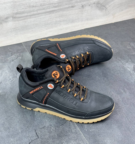 Мужские кожаные кроссовки Merrell Black обувь Меррел черные с оранжевым ...