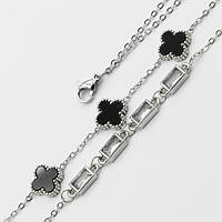 Браслет сталь №7В 10мм чорна конюшина та білі циркони на металi пiд срiбло куплю сталь біжутерія Ван Кліфф з