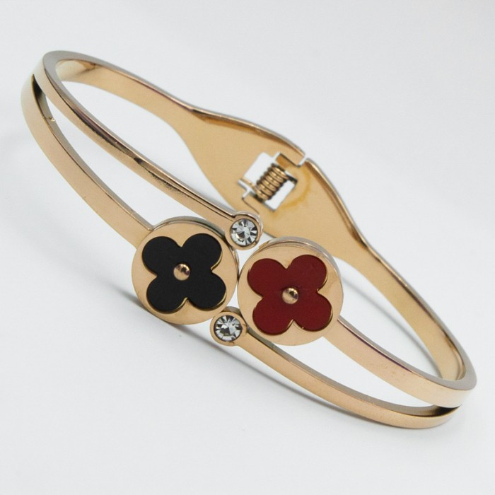 Браслет сталь No52 жорсткий вставки ван кліф чорно-червоні на металі під золото позолотка