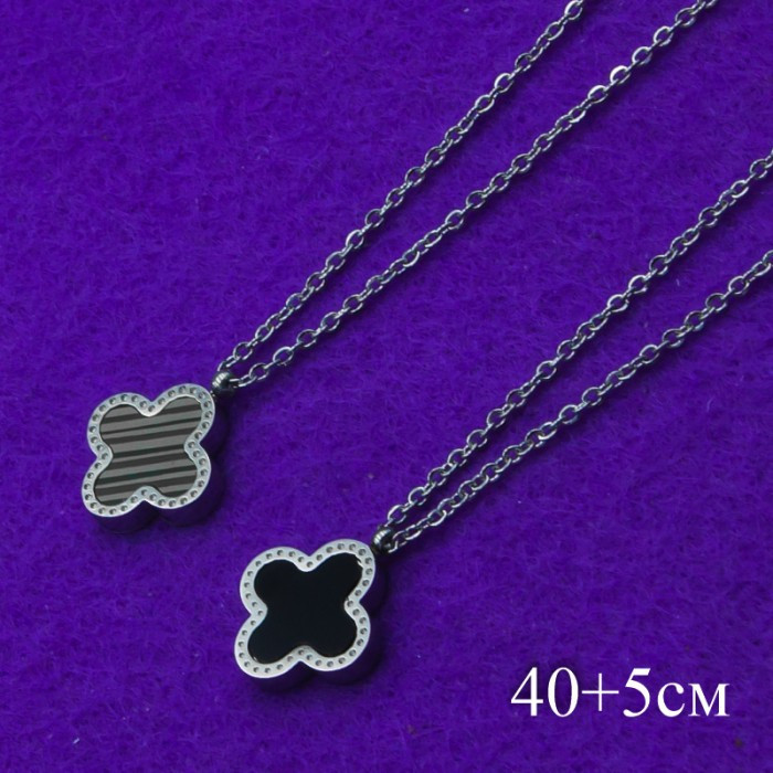 Ланцюжок сталь No96 з кулоном конюшина зеленувато-чорний на білому металі медзолото недорогий