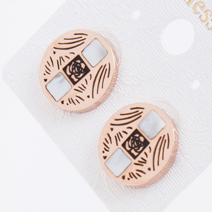 Сережки сталь No446 круглої форми з малюнком і вставками.