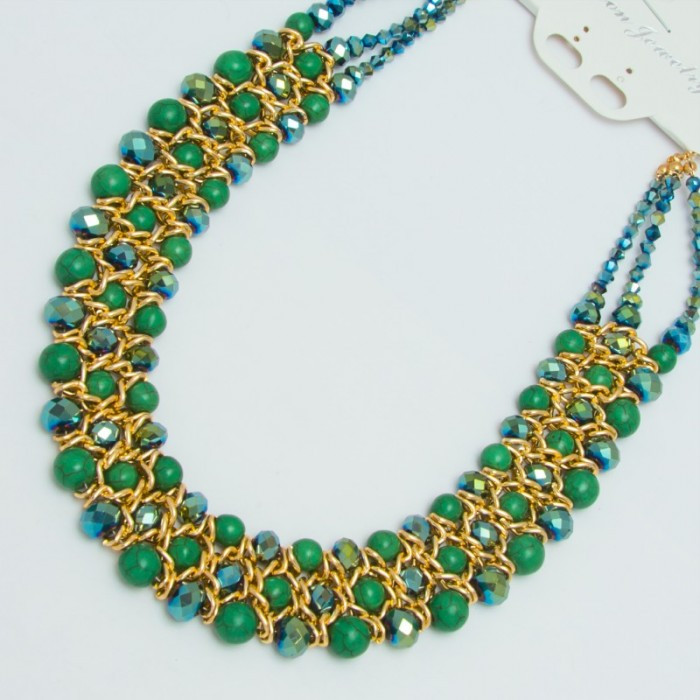 Підвіска No412 сіточка із золотого кольору ланцюжка та зелених каменів