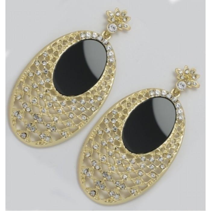 Сережки No65 овальна сіточка з чорною вставкою на металі під золото