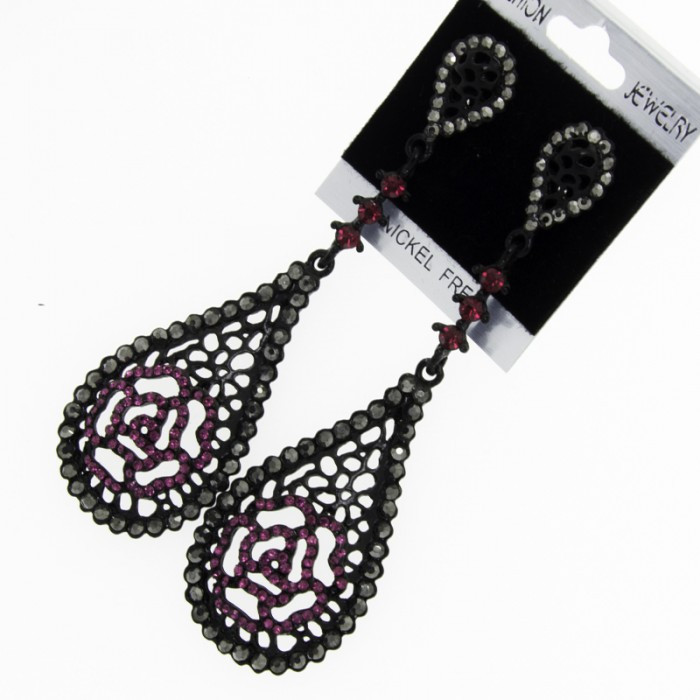 Сережки No 70 ажурна висувка з трояндою та стразами.