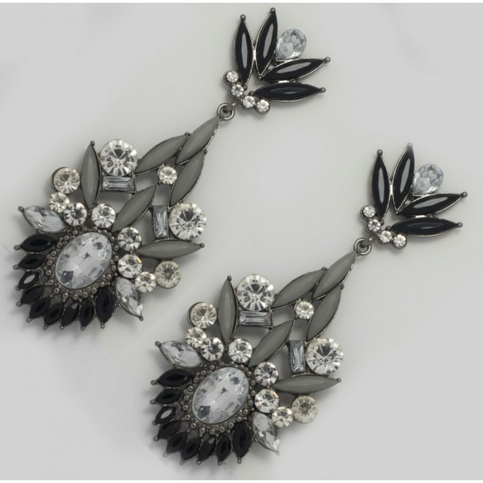 Сережки No129 яскраві із сірими та чорними стразами у формі маркіза