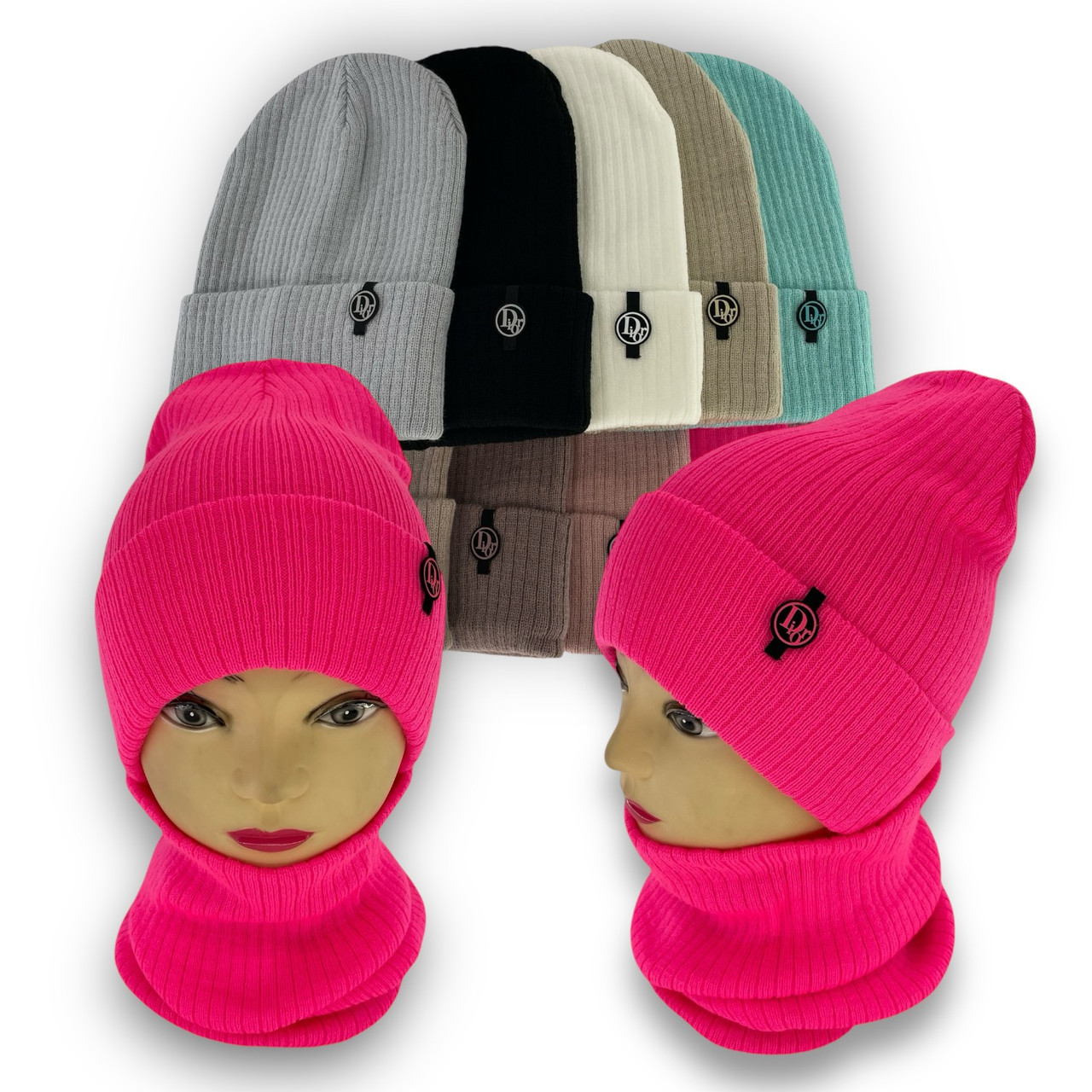 ОПТ Дитячий комплект — шапка та шарф для дівчинки (подвійне в'язання), р. 50-54 (5 шт./набір), фото 1