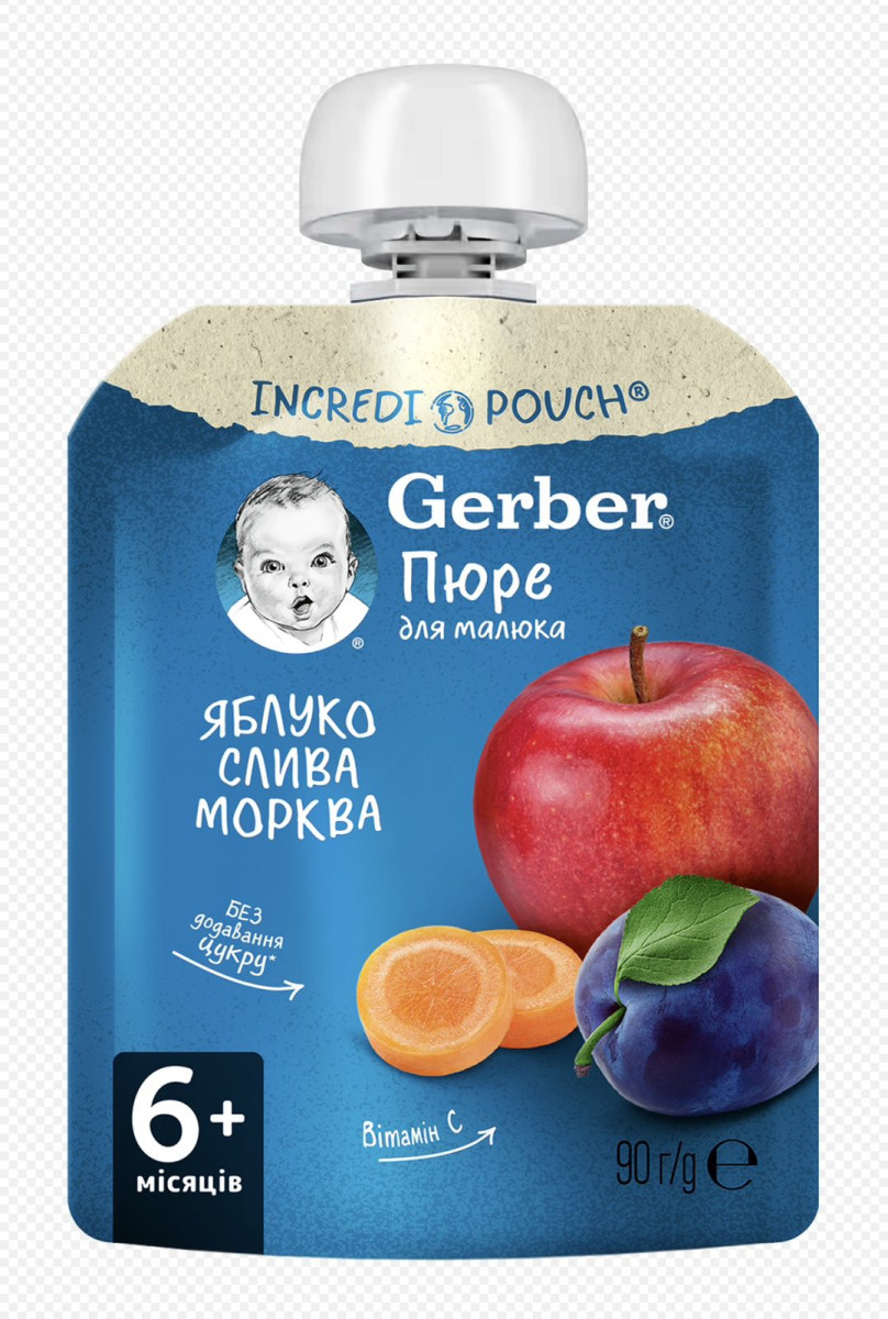 Пюре фруктово-овочеве Gerber Яблуко-слива-морква з 6 місяців,пауч 90г. (Гербер), фото 1